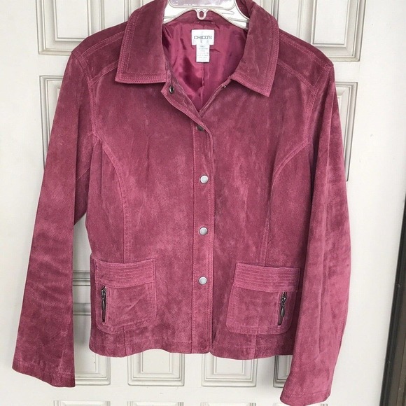 Chico's Design Jacket Sz 2 Magenta Suede Leather Designs Snap Front Zip Pockets - Picture 1 of 10